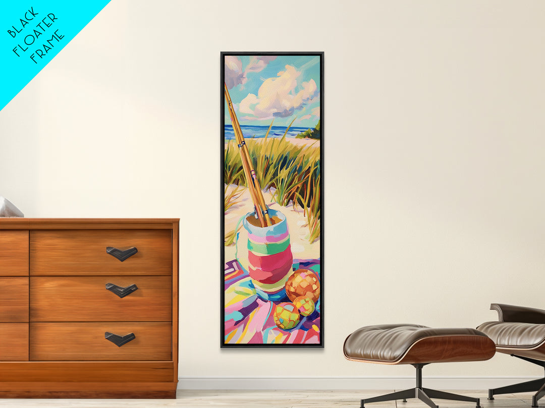 Striped Beach Bucket And Fishing Rods Canvas Print, Coastal Wall Art, Nautical Home Decor, Beach House Gift, Summer Decor