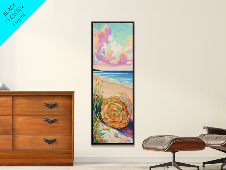 Pastel Beach Hat By The Ocean Canvas Print, Coastal Wall Art, Summer Beach House Decor, Serene Seascape Art Print, Wall Decor