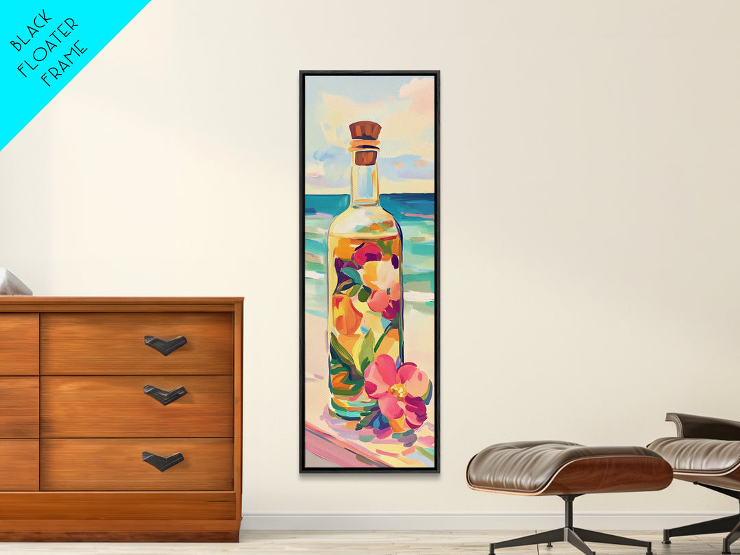 Floral Glass Bottle By Turquoise Sea Wall Art, Coastal Kitchen Decor, Beach House Art Print, Tropical Flowers Canvas Print