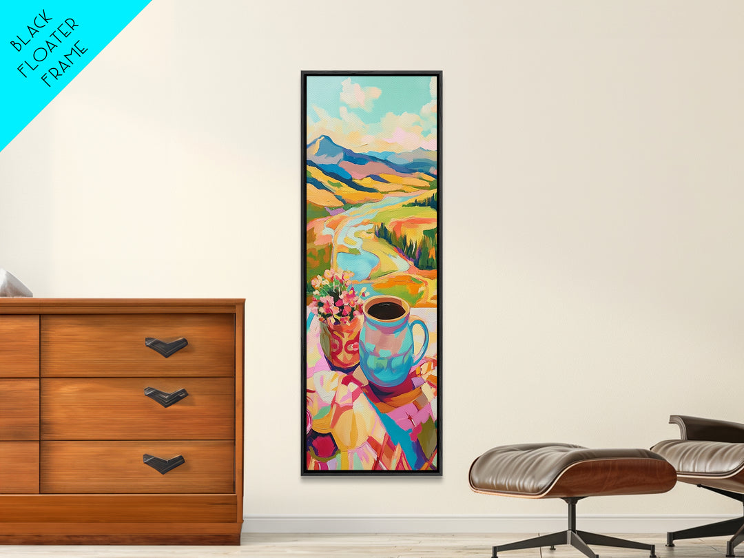 Mountain Valley Coffee Mug Landscape Wall Art, Colorful Nature Painting, Cozy Kitchen Decor, Housewarming Gift Canvas Print