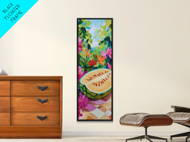 Sunlit Melon Slice In Garden Wall Art, Colorful Fruit Canvas Print, Tropical Kitchen Decor, Whimsical Summer Art Print Gift