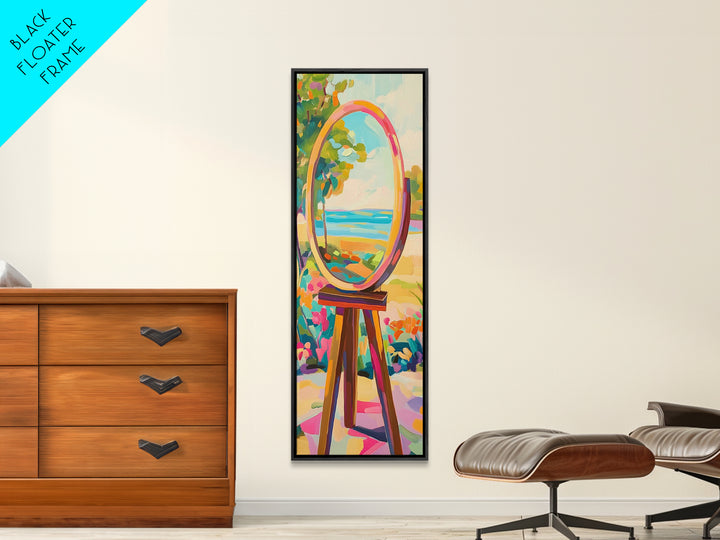 Oval Mirror By The Sea Wall Art, Coastal Garden Canvas Print For Bathroom Decor, Beach House Decor, Feminine Wall Decor, Home Decor