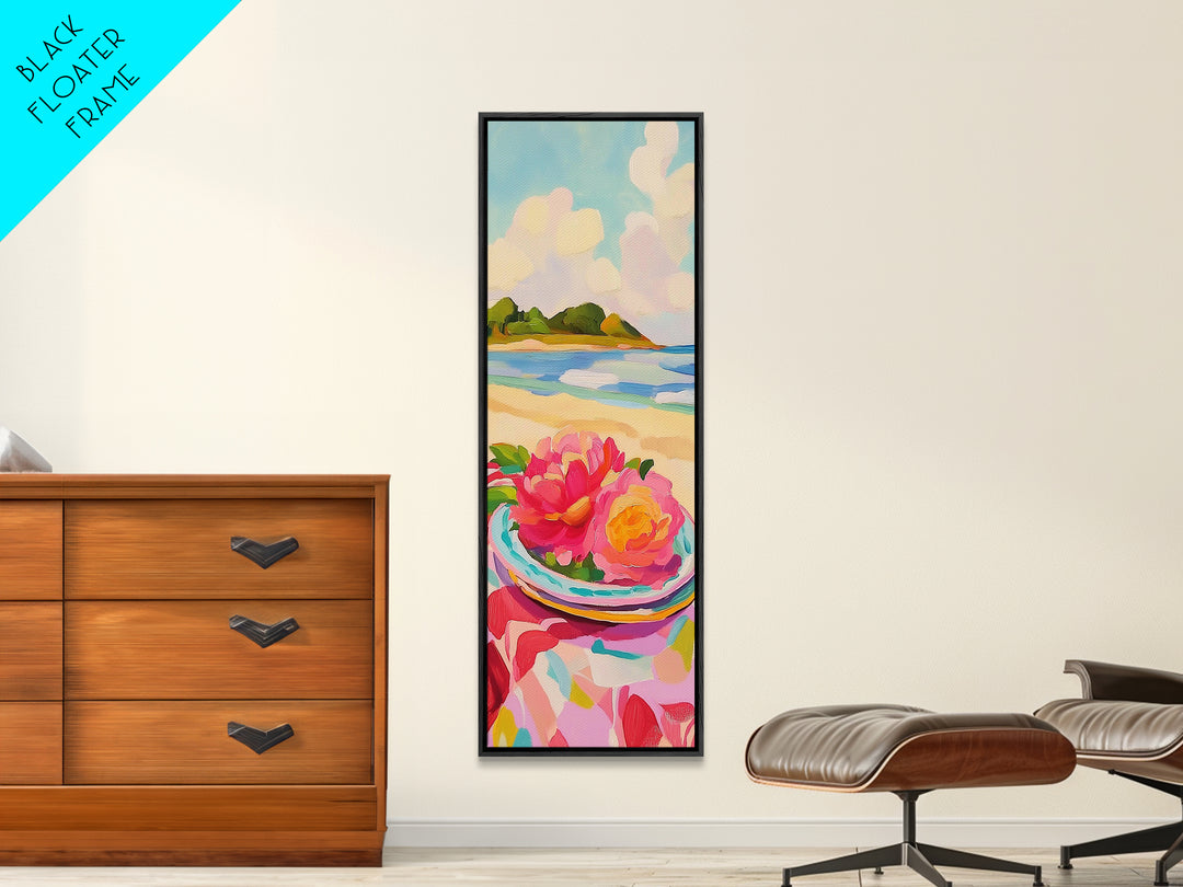 Pink Flowers On Sunny Beach Canvas Print, Coastal Seascape Wall Art, Feminine Summer Decor For Bedroom And Living Room Gift