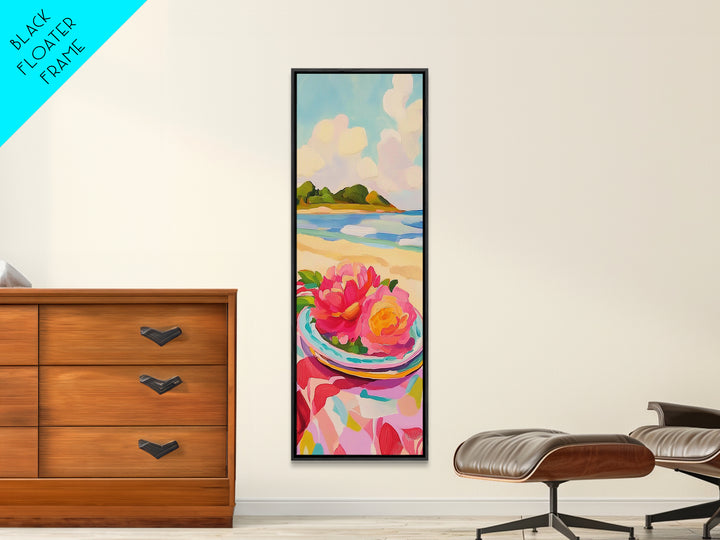 Pink Flowers On Sunny Beach Canvas Print, Coastal Seascape Wall Art, Feminine Summer Decor For Bedroom And Living Room Gift