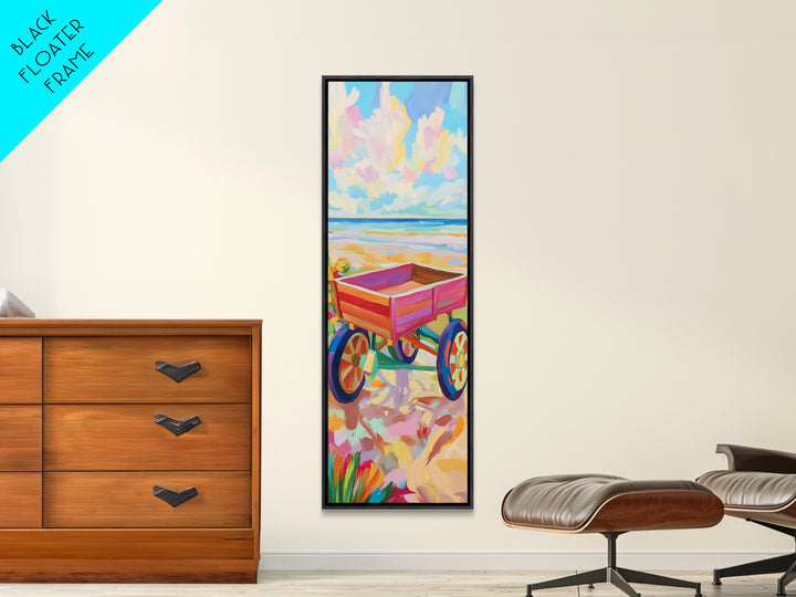 Red Beach Wagon At Shore Canvas Print, Coastal Wall Art, Summer Beach House Room Decor, Nautical Nursery Art, Gift For Kids
