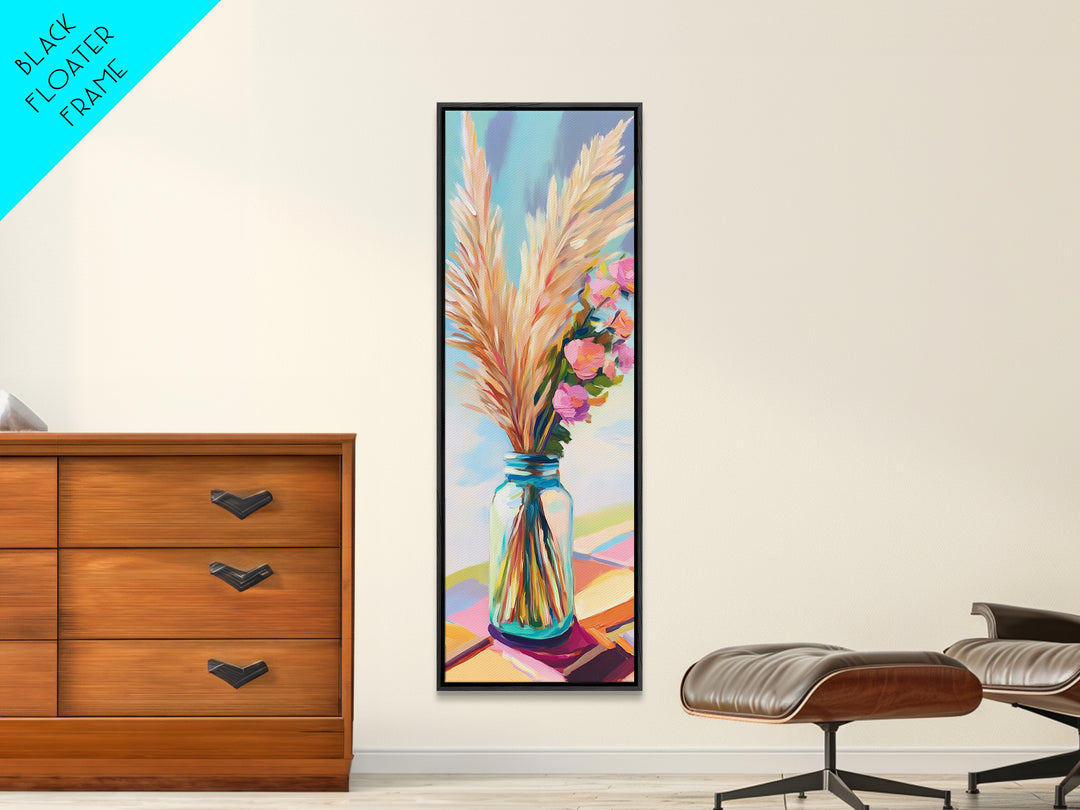 Pampas Grass In Blue Mason Jar Canvas Print, Boho Floral Wall Art, Neutral Home Decor, Rustic Bedroom Decor, Gift For Her