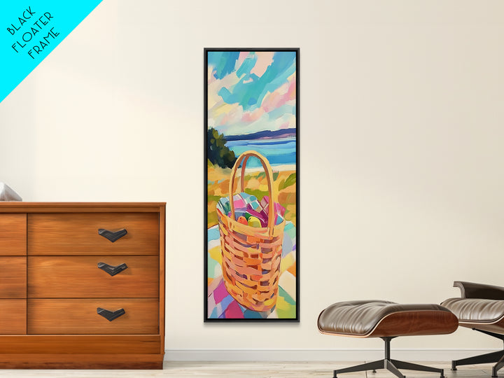 Woven Picnic Basket By Blue Ocean Wall Art, Coastal Beach House Decor, Summer Landscape Art, Framed Canvas Print, Gift For Her