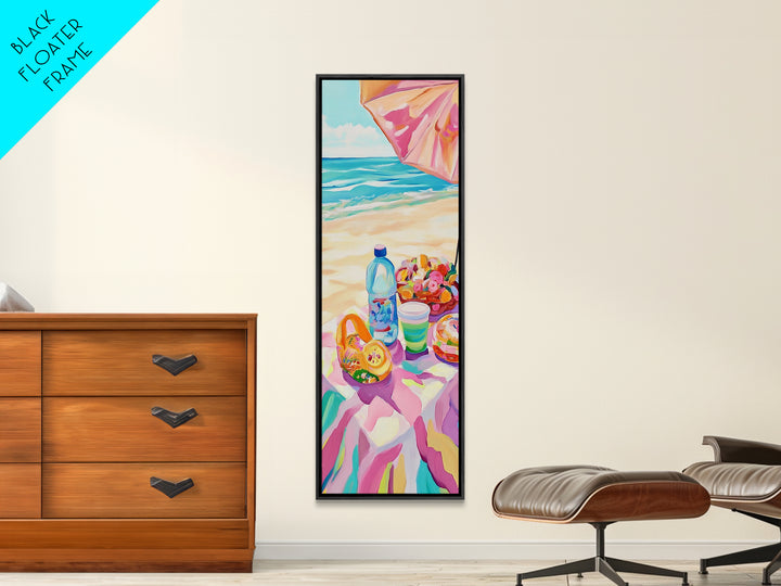 Beach Picnic Under Pink Umbrella Canvas Print, Coastal Wall Art, Colorful Beach House Decor, Summer Kitchen Art Print Gift