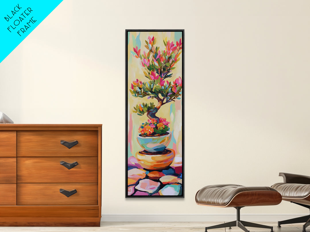 Flowering Bonsai Tree In Teal Pot Framed Canvas Print, Japandi Wall Art, Zen Home Decor, Botanical Decor, Housewarming Gift