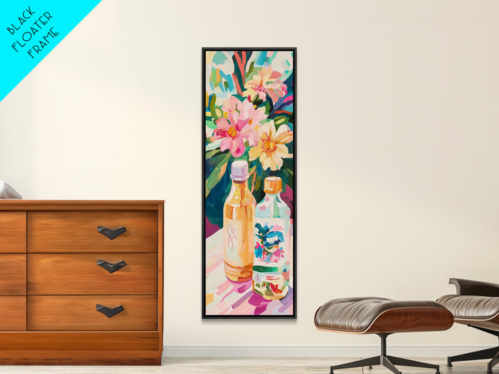 Tropical Flowers And Bottles Wall Art, Colorful Kitchen Canvas Print, Botanical Bar Cart Decor, Summer Dining Room Art Print