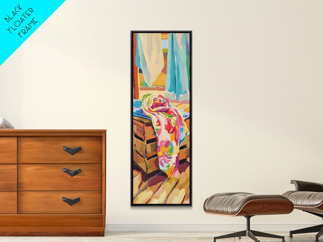 Beach Towels On Sunlit Chair Framed Canvas Print, Coastal Home Decor, Summer Beach House Art, Colorful Bathroom Wall Art