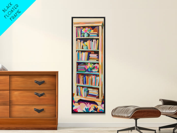 Tall Bookshelf And Flowers Canvas Print, Bookstore Wall Art, Library Decor, Book Lover Gift, Cozy Reading Nook Home Decor
