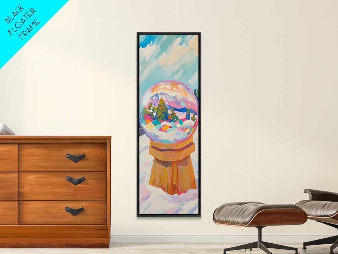 Mountain Snow Globe With Rainbow Winter Scene Framed Canvas Print, Whimsical Wall Art, Nursery Decor, Christmas Gift, Cozy Home Decor
