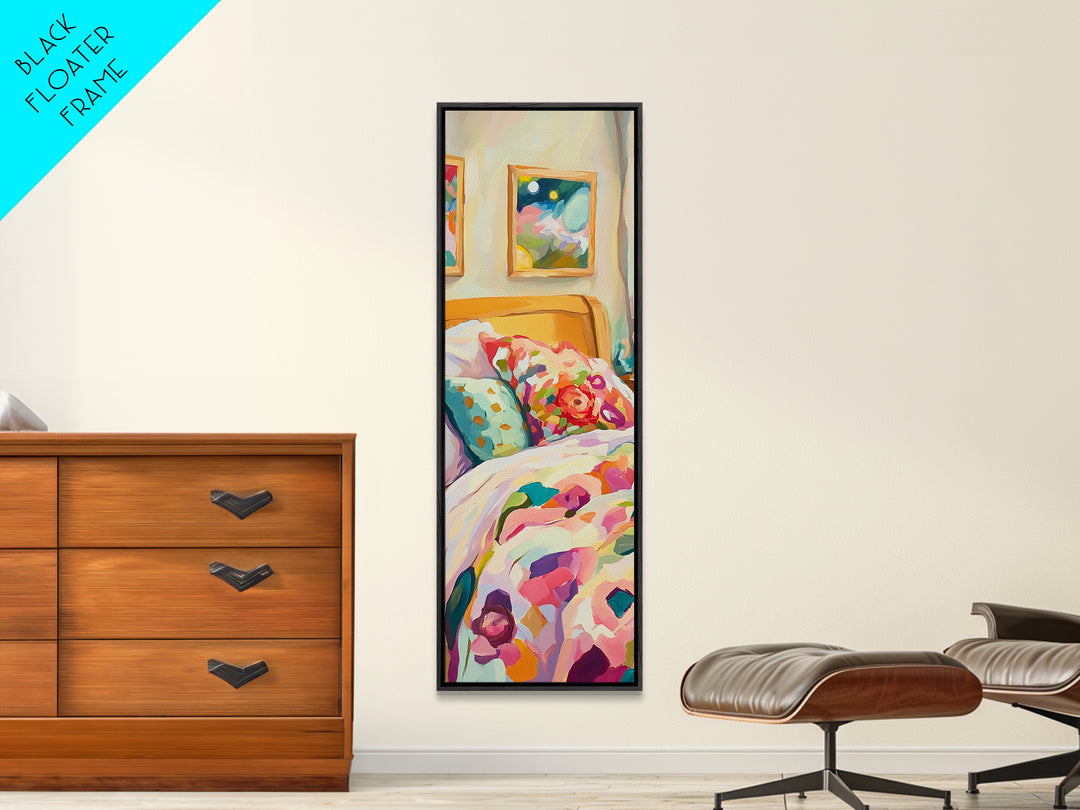 Floral Pillows On Cozy Bedroom Bed Framed Canvas Print, Romantic Wall Art, Bedroom Decor, Above Bed Art, Housewarming Gift