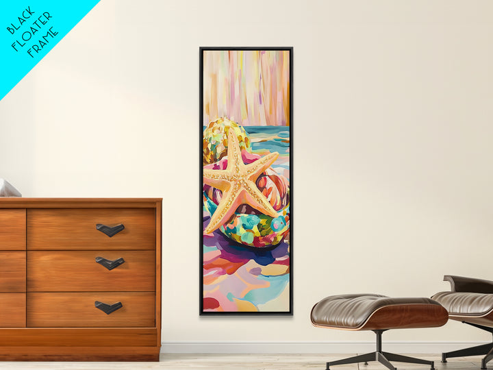 Golden Starfish In Glass Bowl Coastal Still Life Framed Canvas Print, Beach Wall Art, Ocean Decor, Summer Housewarming Gift