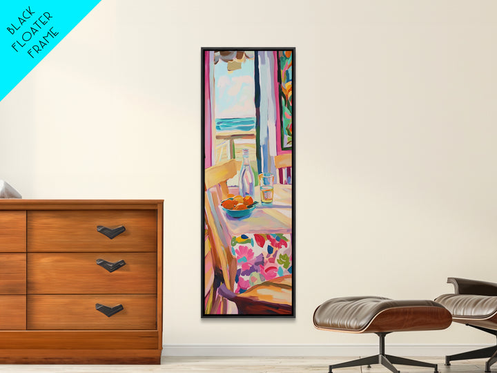 Sunlit Cafe Chair With Ocean View And Bottle Canvas Print, Coastal Kitchen Wall Art, Beach House Decor, Dining Room Print