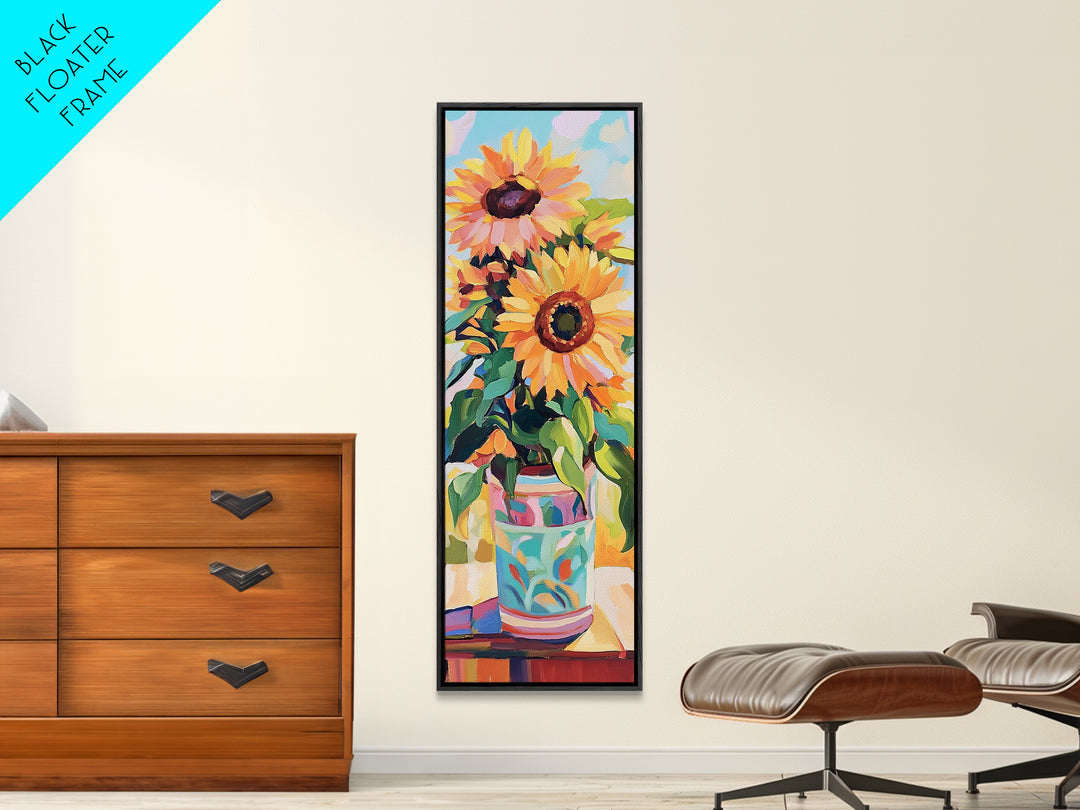 Bright Sunflowers In Patterned Vase Wall Art, Summer Floral Canvas Print, Farmhouse Kitchen Decor, Housewarming Gift For Her