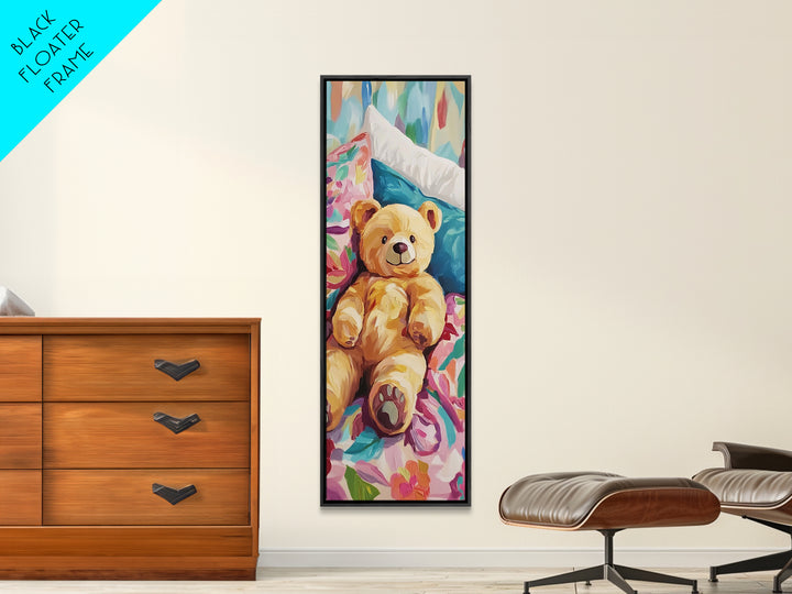 Teddy Bear On Floral Bed Painting, Whimsical Canvas Print, Nursery Wall Art, Kids Room Decor, Baby Shower Gift, Cute Wall Art