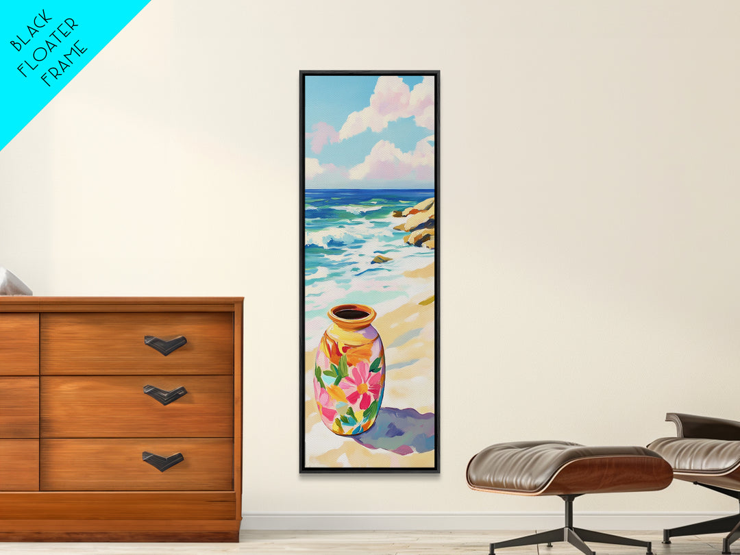 Floral Painted Vase On Sandy Beach Canvas Print, Coastal Wall Art, Ocean Decor, Tropical Flowers, Summer Housewarming Gift