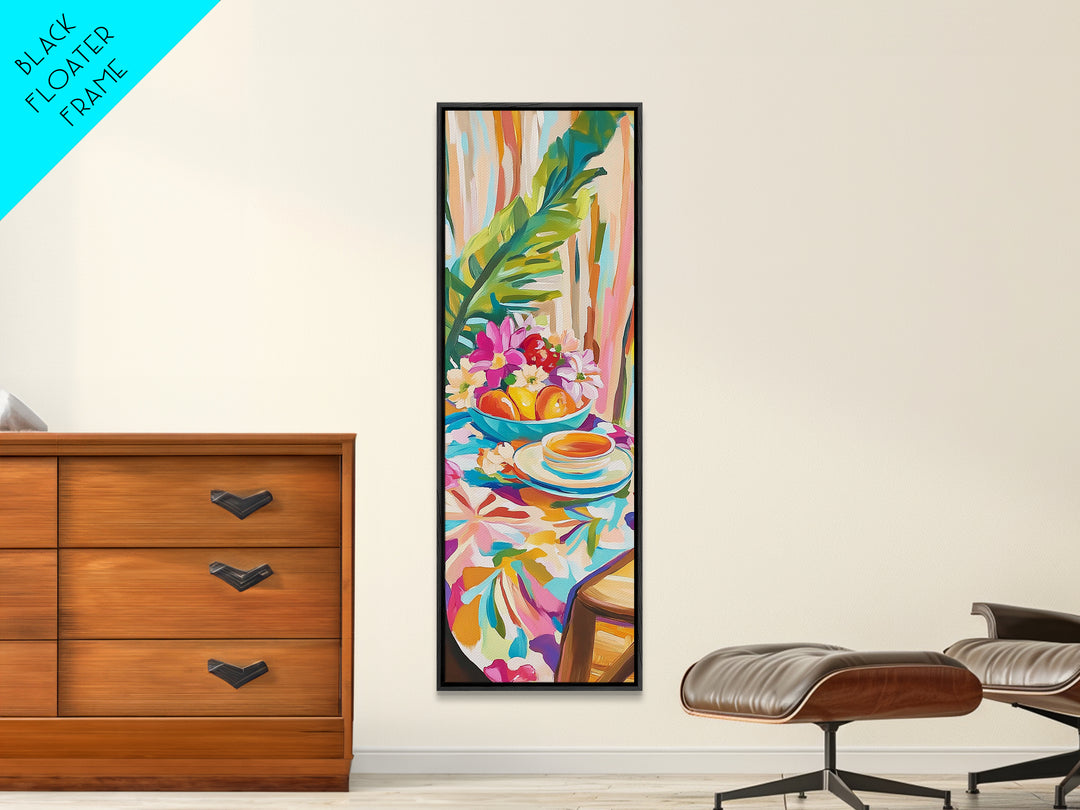 Tropical Tea Cup With Citrus And Flowers Wall Art, Colorful Kitchen Decor, Coastal Canvas Print, Bright Dining Room Art Print