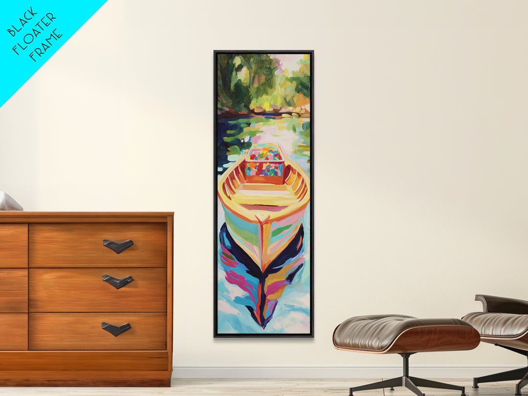 Colorful Rowboat On Sunlit River Wall Art, Coastal Lake Canvas, Bright Boho Home Decor, Living Room Art Print, Unique Housewarming Gift