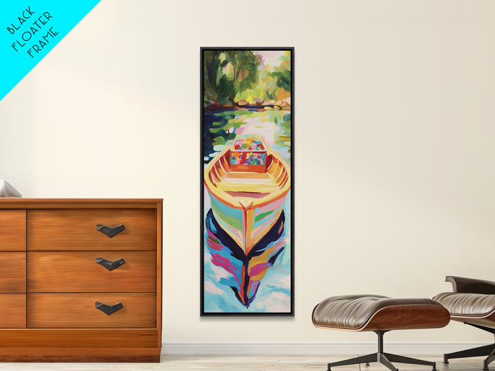 Colorful Rowboat On Sunlit River Wall Art, Coastal Lake Canvas, Bright Boho Home Decor, Living Room Art Print, Unique Housewarming Gift