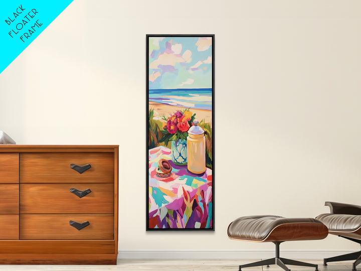 Beach Picnic Flowers And Shells Wall Art, Coastal Canvas Print, Ocean Living Room Decor, Beach House Art Gift For Her Decor