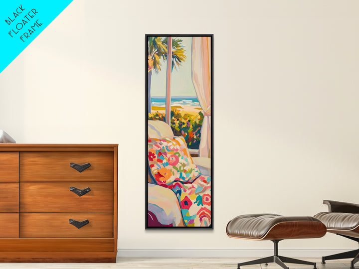 Coastal Bedroom With Ocean View And Floral Pillow, Beach Wall Art For Above Bed Decor, Canvas Print, Summer Home Decor Gift