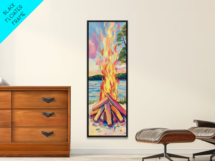 Lakeside Bonfire With Bright Flames Canvas Print, Cozy Rustic Cabin Wall Art, Campfire Decor, Summer Lake Housewarming Gift