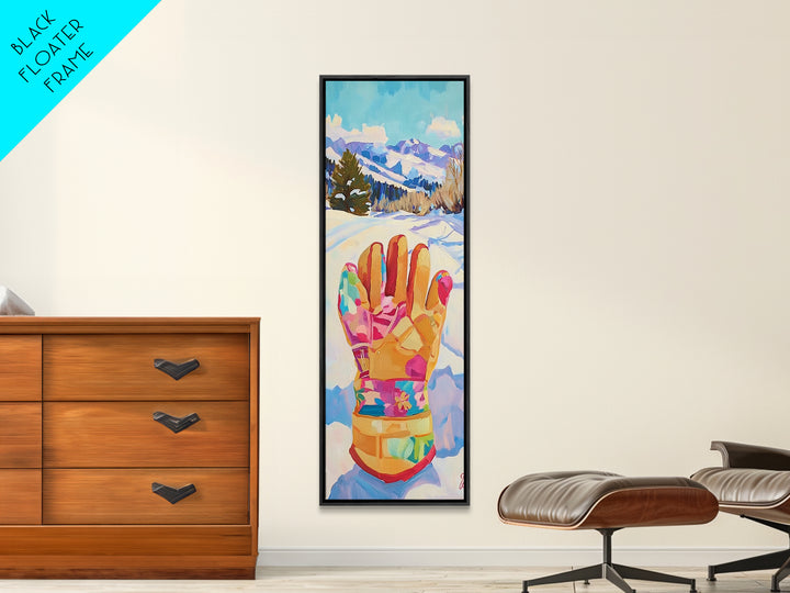 Colorful Winter Mitten In Snowy Mountain Landscape Wall Art, Ski Cabin Decor, Whimsical Kids Room Nursery Canvas Print Gift
