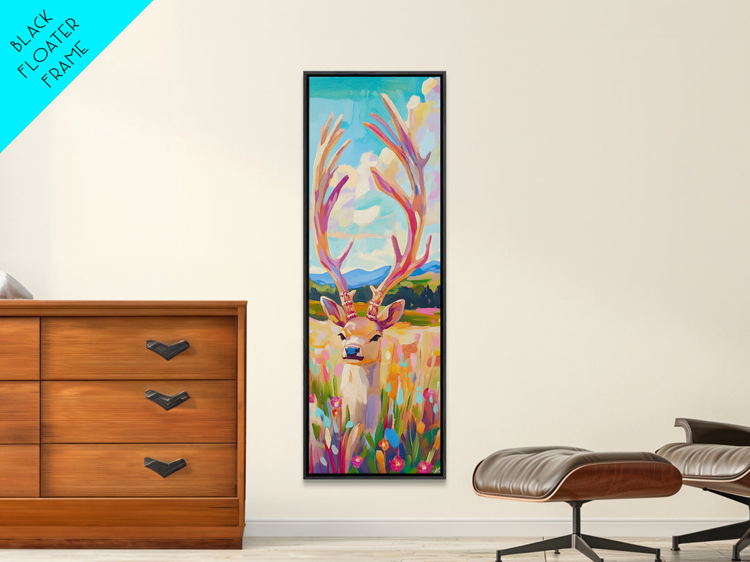 Whimsical Deer With Tall Antlers Canvas Print, Colorful Wildlife Wall Art, Meadow Landscape Decor, Rustic Nursery Gift, Animal Lover Gift