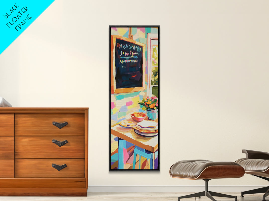 Cheerful Kitchen Table With Chalkboard Menu Wall Art, Breakfast Nook Canvas Print, Colorful Cafe Decor, Dining Room Print