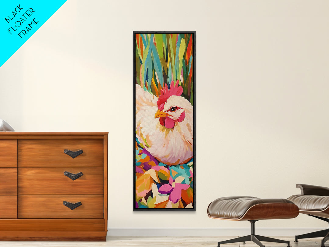 White Hen Among Tropical Leaves Framed Canvas Print, Colorful Animal Wall Art, Farmhouse Kitchen Decor, Whimsical Art Print
