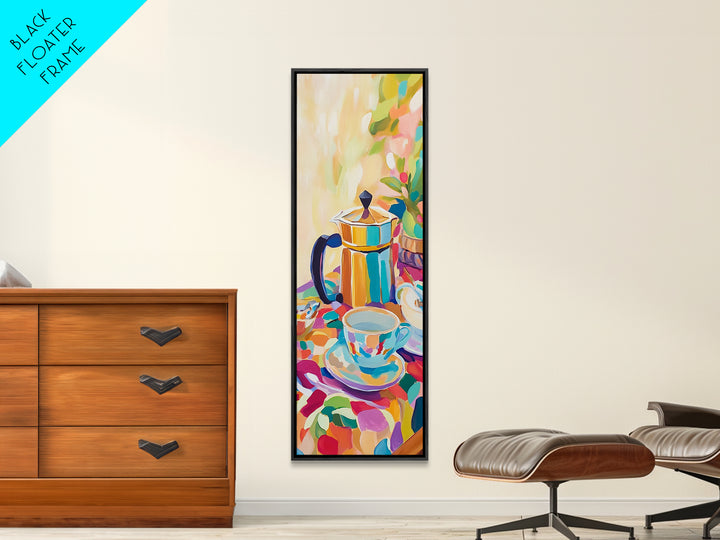 Bright Moka Pot And Teacups Framed Canvas Print, Coffee Bar Wall Art, Cafe Decor, Kitchen Wall Decor, Housewarming Gift Idea
