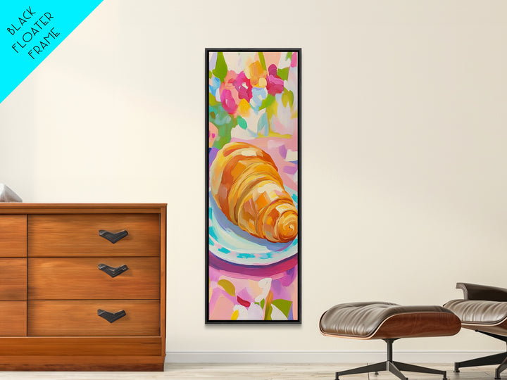 Golden Croissant On Floral Plate Canvas Print, French Bakery Wall Art, Modern Kitchen Decor, Patisserie Print, Food Lover Gift