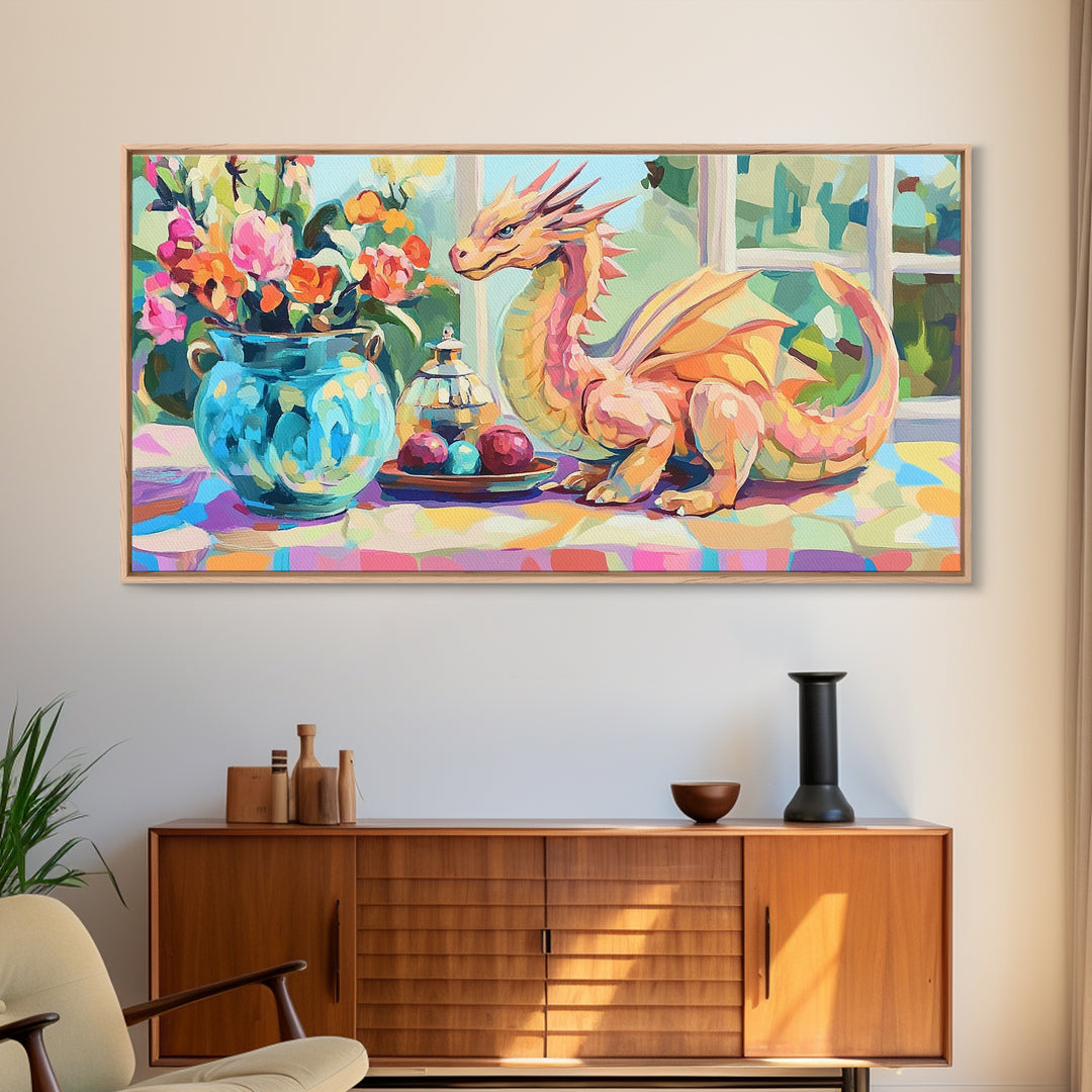 Whimsical Pink Dragon With Flowers Framed Canvas Print, Fantasy Wall Art, Nursery Decor, Girls Room Art, Unique Gift For Her