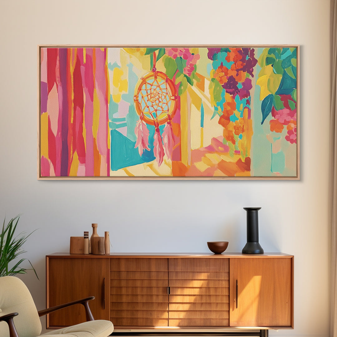 Sunlit Dreamcatcher And Hanging Plants Canvas Print, Boho Wall Art, Spiritual Home Decor, Whimsical Wall Decor Gift For Her