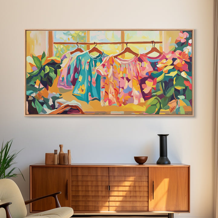 Bright Floral Dresses Hanging By Window Canvas Print, Fashion Wall Art, Feminine Wall Decor, Boutique Decor, Gift For Her