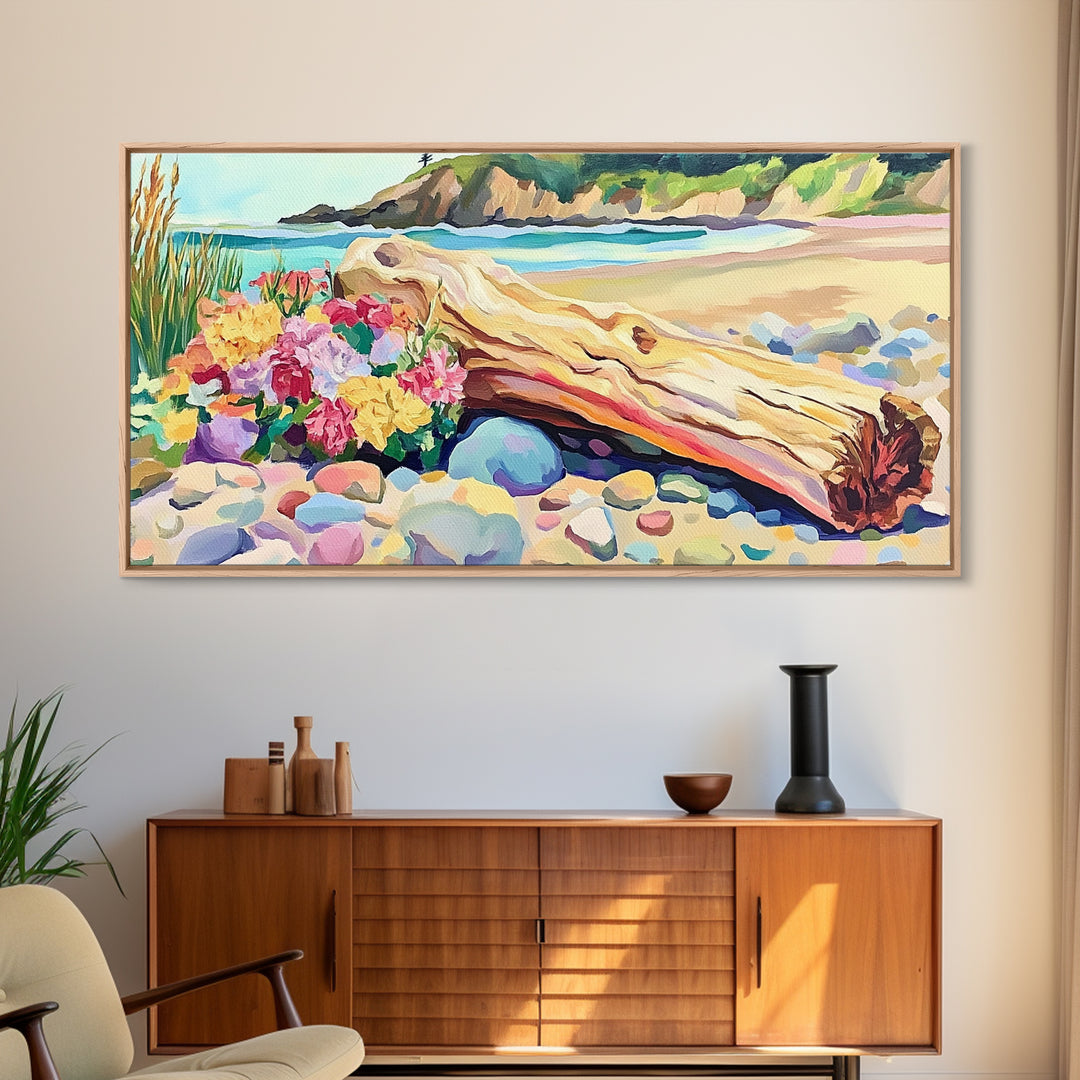 Driftwood Log And Wildflowers On Beach Framed Canvas Print, Coastal Wall Art, Seascape Art, Beach House Decor, Ocean Print