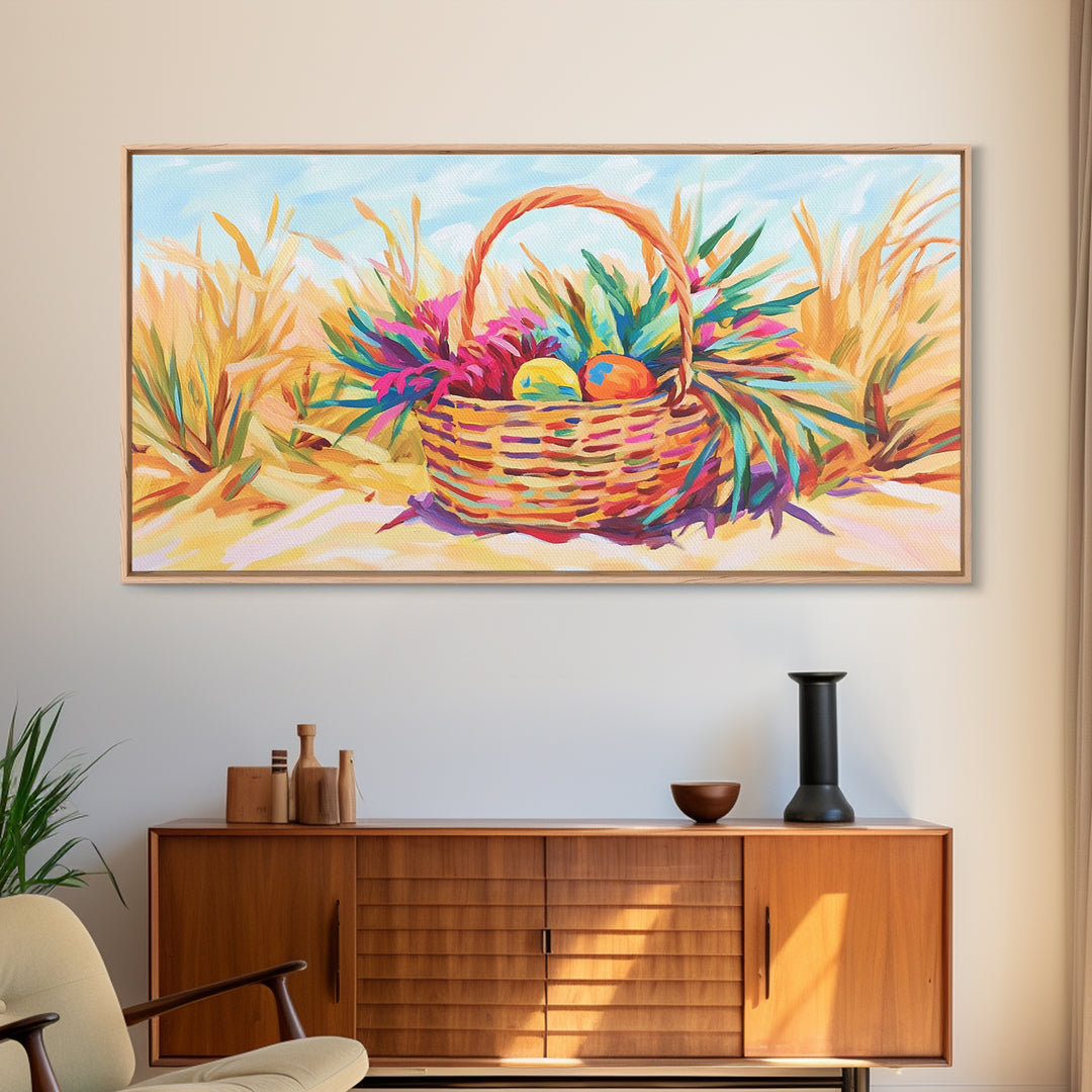 Beach Basket With Tropical Leaves Wall Art, Coastal Canvas Print, Summer Beach House Decor, Colorful Fruit Still Life Gift