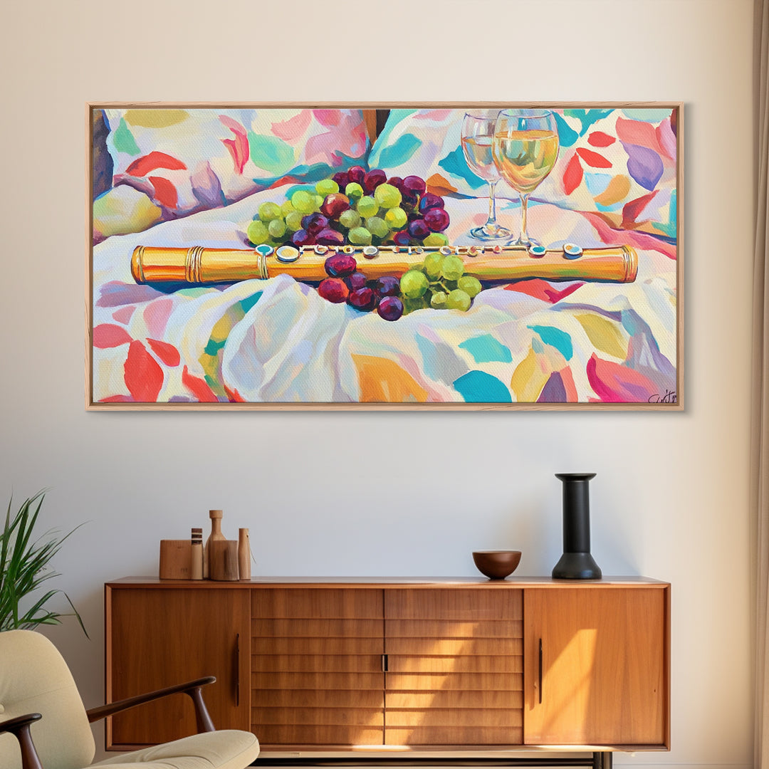 Golden Flute With Wine And Grapes Framed Canvas Print, Music Room Art, Winery Wall Art, Still Life, Dining Room Decor, Gift For Music Lover