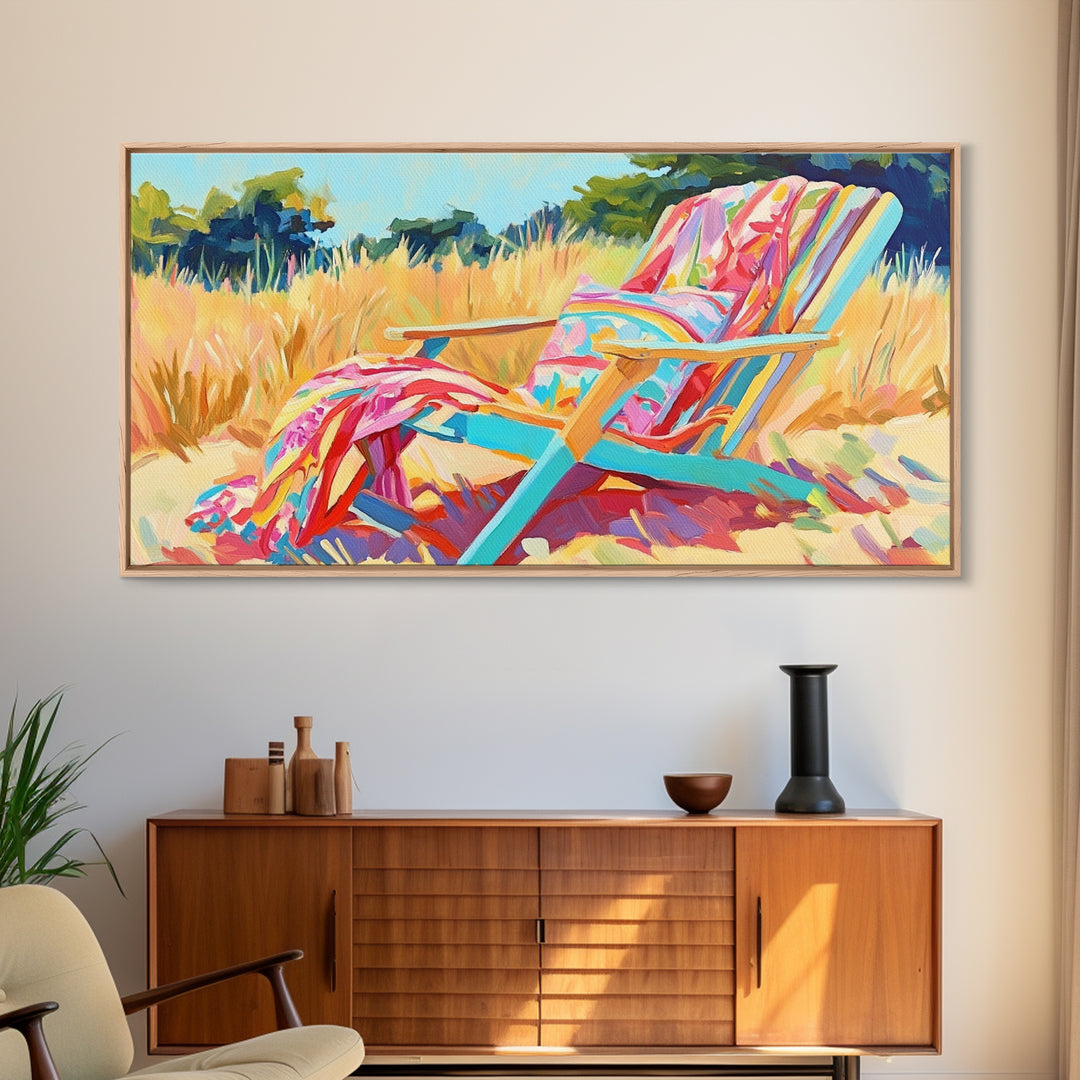 Colorful Beach Chair In Summer Grass Canvas Print, Coastal Wall Art, Beach House Decor, Summer Vibes, Relaxing Art Print