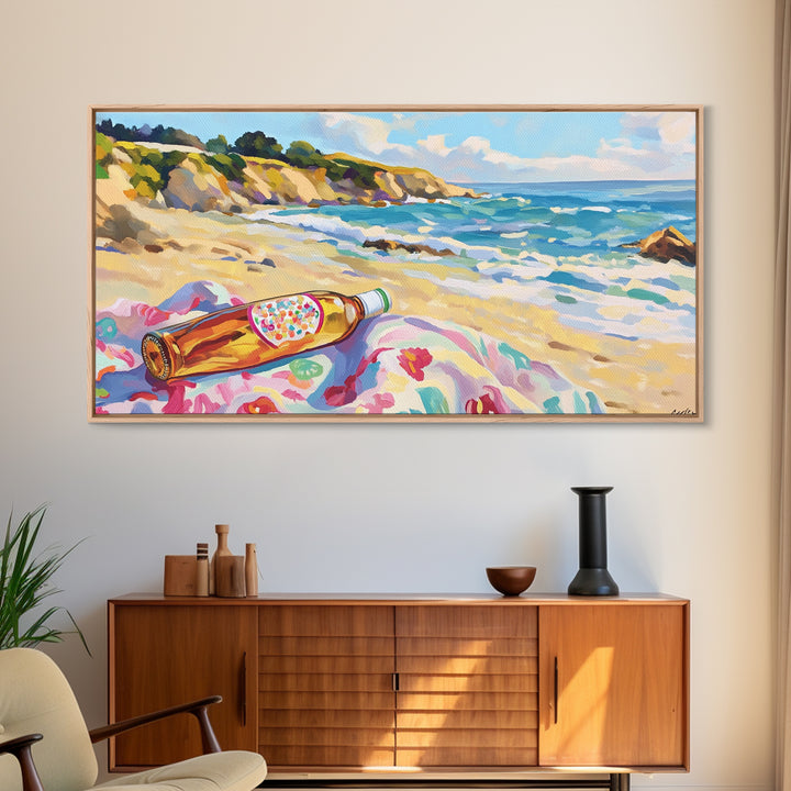 Beach Bottle On Towel Coastal Beach Canvas Print, Ocean Wall Art, Beach House Decor, Nautical Wall Decor, Summer Gift For Her