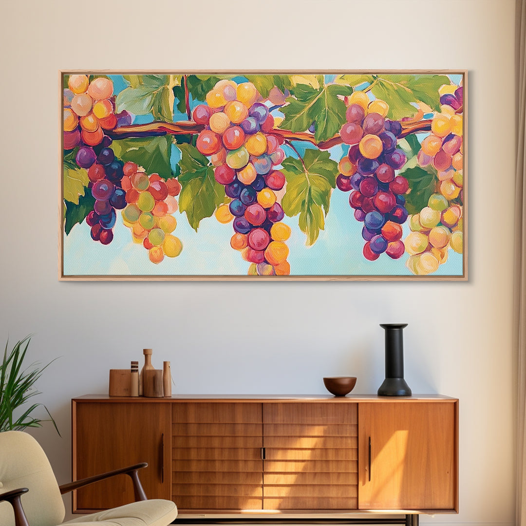 Sunlit Grape Clusters On Vine Framed Canvas Print, Vineyard Wall Art, Winery Decor, Colorful Kitchen Art, Wine Lover Gift
