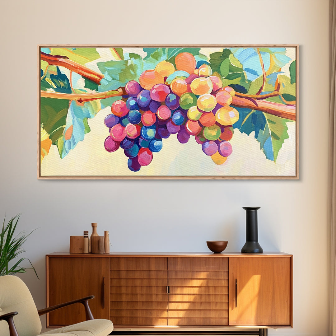 Bright Grape Bunches And Green Leaves Canvas Print, Vineyard Wall Art, Wine Kitchen Decor, Colorful Fruit Art, Winery Gift