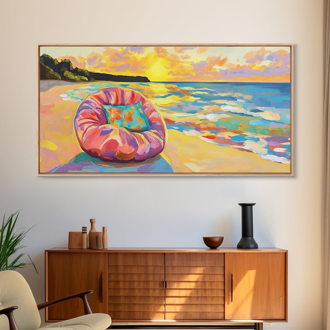 Sunset Beach Chair And Ocean Waves Wall Art, Coastal Canvas Print, Beach House Decor, Tropical Home Decor, Summer Wall Art