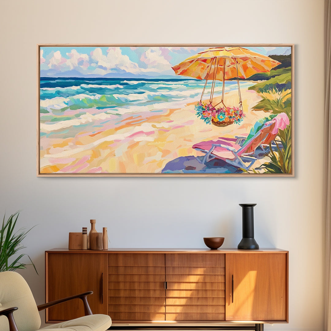 Sunny Beach Umbrella And Chair Framed Canvas Print, Coastal Wall Art, Ocean Decor, Beach House Living Room Art Gift, Summer Seascape