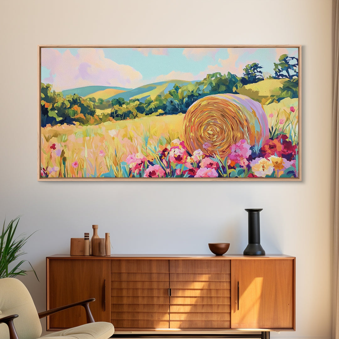 Golden Hay Bale Wildflower Meadow Canvas Print, Country Landscape Wall Art, Farmhouse Decor, Rustic Living Room Art Gift