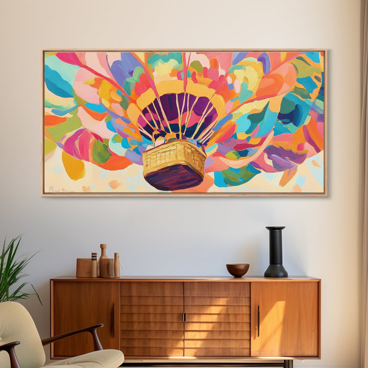 Rainbow Hot Air Balloon Canvas Print, Whimsical Nursery Wall Art, Colorful Dopamine Decor, Kids Room Fantasy Art Gift, Baby Shower