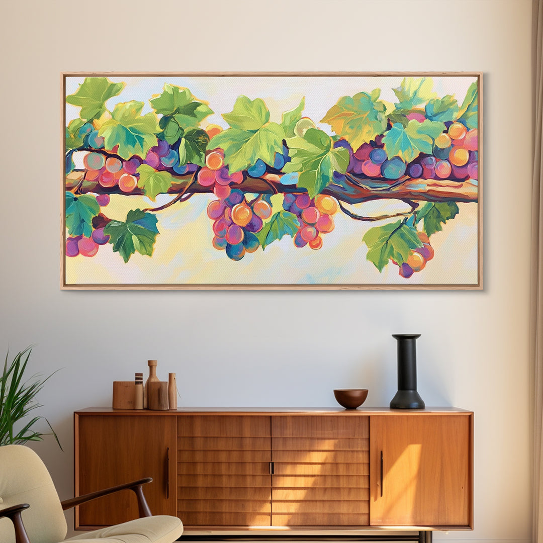 Sunlit Grapes And Green Vine Wall Art, Vineyard Canvas Print, Colorful Kitchen Decor, Rustic Farmhouse Dining Room Prints